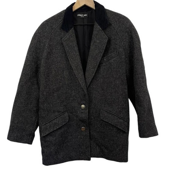 Adec by Phillipe Adec Sz M Black Gray 100% Wool Drop Shoulder Tweed Blazer #4083 - Picture 1 of 9